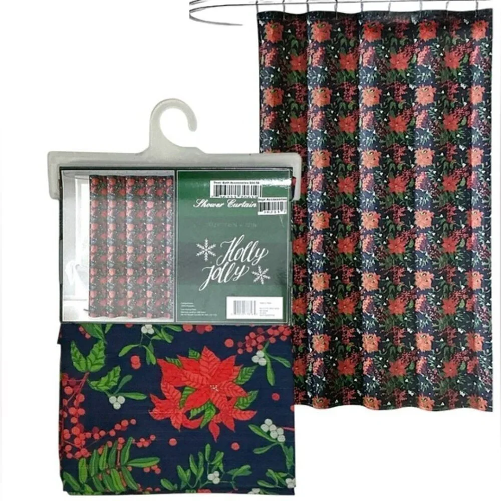 Christmas Shower Curtain Holiday Poinsettias Fabric Classic Navy Blue 70x72 In